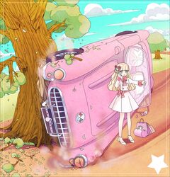 aqua_eyes bag blonde_hair blue_eyes blush broken car car_crash cellphone coat corvette crash dress english female hair_ornament highres hitchhiker hitchhiking long_hair motor_vehicle open_mouth original phone ribbon solo thumbs_up tree vehicle yuuki_rika rating:Safe score:3 user:danbooru