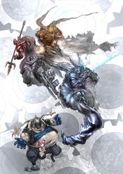 absurdres cape crossover fusion gun headless highres kaname_madoka kyubey long_image mahou_shoujo_madoka_magica mami_mogu_mogu miki_sayaka muscle parody polearm sakura_kyouko spawn spear sword tomoe_mami violator weapon zm rating:Safe score:0 user:danbooru