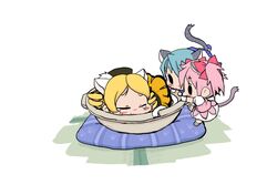 baku_taso blonde_hair blue_hair blush bow bowl cat_ears cat_tail chibi climbing drill_hair hair_bow hat kaname_madoka kemonomimi_mode magical_girl mahou_shoujo_madoka_magica miki_sayaka neko_nabe pink_hair short_twintails tail tears tomoe_mami towel twin_drills twintails rating:Safe score:0 user:danbooru