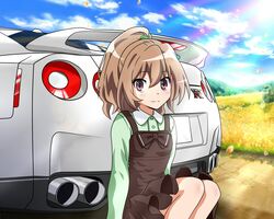 aisaka_taiga alternate_hairstyle brown_hair car car_tail cloud clouds dress motor_vehicle nissan nissan_gt-r petals ponytail sitting sky smile solo toradora! vehicle wingheart rating:Safe score:4 user:danbooru