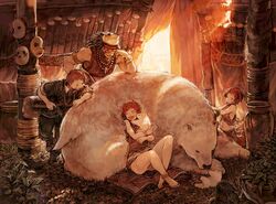 barefoot bear burari camera carpet cub face_tattoo facepaint facial_tattoo gun hug jewelry mask necklace open_mouth original polar_bear pot short_hair sleeping smile tattoo tent weapon rating:Safe score:3 user:danbooru