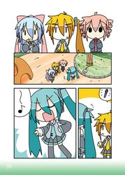 :3 akita_neru aqua_hair blonde_hair blue_hair chibi_miku comic dog drill_hair hair_ribbon hamo_(dog) hatsune_miku kasane_teto kiyone_suzu microphone minami_(artist) multiple_girls musical_note pink_hair ribbon side_ponytail twin_drills twintails utau vocaloid rating:Safe score:0 user:danbooru