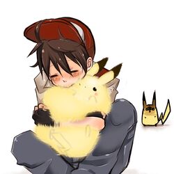 baseball_cap blush fuzzy hairy_pikachu hat hug jealous pikachu pokemon pokemon_(game) red_(pokemon) red_(pokemon)_(classic) sitting yama_(rabbit_room) rating:Safe score:5 user:danbooru