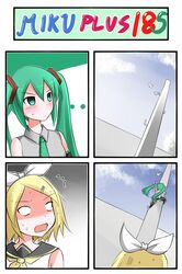 black_legwear blonde_hair blue_sky blush catstudio_(artist) climbing comic green_eyes green_hair hair_ornament hair_ribbon hairpin hatsune_miku highres kagamine_rin long_hair looking_up necktie open_mouth panties pole reaching ribbon silent_comic skirt sky sleeveless sleeveless_shirt striped striped_panties surprised thigh-highs thighhighs trembling twintails underwear vocaloid zettai_ryouiki rating:Safe score:0 user:danbooru
