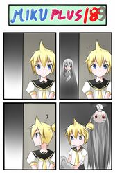 blonde_hair catstudio_(artist) comic empty_eyes highres kagamine_len ponytail red_eyes saw shirt shorts silver_hair smirk sukone_tei television trembling utau vocaloid yandere rating:Safe score:0 user:danbooru
