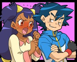 1boy 1girl amada angry black_hair blouse blue_hair blush brown_eyes child couple crossed_arms dark_skin embarrased embarrassed fingerless_gloves gloves grin hair_ornament iris_(pokemon) jacket jealous jealousy long_hair no_hat no_headwear open_mouth pokemon pokemon_(anime) pokemon_black_and_white pokemon_bw purple_background purple_hair satoshi_(pokemon) simple_background sleeves smile smirk spiked_hair sweat sweatdrop troll_face two_side_up very_long_hair rating:Safe score:0 user:danbooru