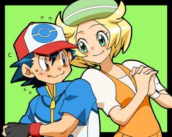 1boy 1girl amada baseball_cap bel_(pokemon) black_hair blonde_hair brown_eyes child couple fingerless_gloves gloves green_eyes hands_clasped hat pokemon pokemon_(anime) satoshi_(pokemon) simple_background smile sweat sweatdrop wavy_mouth wristband rating:Safe score:0 user:danbooru