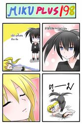 4koma akita_neru black_rock_shooter black_rock_shooter_(character) blonde_hair blue_eyes catstudio_(artist) closed_eyes comic concrete crack cracks eyes_closed hair_ribbon highres multiple_girls on_back punching ribbon shirt shorts side_ponytail skirt sleeveless sleeveless_shirt standing star thai translated translation_request twintails vocaloid vomiting water rating:Safe score:0 user:danbooru