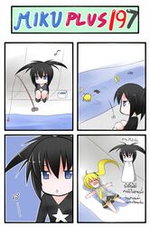 4koma akita_neru black_rock_shooter black_rock_shooter_(character) blonde_hair blue_eyes box catstudio_(artist) chibi comic concrete fishing fishing_rod hair_ribbon highres multiple_girls musical_note on_back ribbon shirt shorts side_ponytail sitting skirt sleeveless sleeveless_shirt star stone thai translated translation_request trembling twintails vocaloid water rating:Safe score:0 user:danbooru