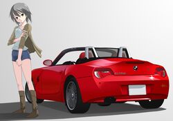 bmw_z4 boots car left-hand_drive motor_vehicle red_eyes shorts tomcat vehicle rating:Safe score:1 user:Gelbooru