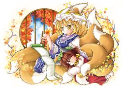 animal_ears autumn_leaves blonde_hair brown_hair brush cat_ears chen dress ear_piercing fox_tail hat hat_with_ears lying multiple_girls multiple_tails mumumu on_side piercing red_dress scroll sitting sleeping smile tabard tail tail_wrap touhou white_dress window writing yakumo_ran yellow_eyes rating:Safe score:0 user:danbooru