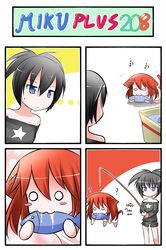 :3 ? animal_ears black_hair black_rock_shooter black_rock_shooter_(character) blue_eyes blush_stickers cat_ears cat_tail catstudio_(artist) chibi comic dress drooling eating fishing_line fishing_rod highres holding holding_fishing_rod lifting o_o off_shoulder puni_(miku_plus) red_hair redhead shirt shorts star tail thai translated translation_request twintails vocaloid white_dress rating:Safe score:0 user:danbooru