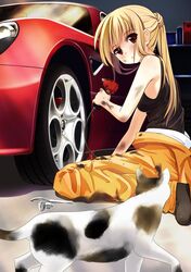 asakura_ryou_(artist) blonde_hair car cat dirty long_hair looking_at_viewer mechanic motor_vehicle original red_eyes sitting solo tank_top vehicle wariza rating:Safe score:2 user:danbooru