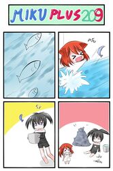 >_< :3 animal_ears black_hair black_rock_shooter black_rock_shooter_(character) blue_eyes blush_stickers bucket cat_ears catstudio_(artist) chibi closed_eyes comic dress eating eyes_closed fish highres mountain off_shoulder open_mouth puni_(miku_plus) red_hair redhead shirt shorts smile thai translated translation_request twintails vocaloid water white_dress rating:Safe score:0 user:danbooru