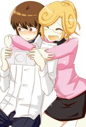 age_difference b_(kana0816) brown_eyes brown_hair choker closed_eyes embarrassed hair_up hug hug_from_behind kami_nomi_zo_shiru_sekai katsuragi_keima katsuragi_mari mother_and_son orange_hair playstation_portable psp shirt skirt rating:Safe score:0 user:danbooru