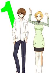 age_difference b_(kana0816) brown_eyes brown_hair choker footwear glasses hair_up height_difference kami_nomi_zo_shiru_sekai katsuragi_keima katsuragi_mari milf mother_and_son orange_hair pants shirt skirt socks rating:Safe score:0 user:danbooru