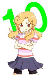 arms_crossed b_(kana0816) bike_shorts blonde_hair brown_eyes casual crossed_arms kami_nomi_zo_shiru_sekai katsuragi_mari orange_hair red_eyes shirt shorts_under_skirt skirt smile solo striped striped_shirt teenage twintails young rating:Safe score:0 user:danbooru