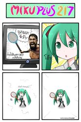 >:3 4koma :3 :o anger_vein blush_stickers catstudio_(artist) chibi comic detached_sleeves electric_flyswatter fleeing flyswatter green_eyes green_hair hatsune_miku heavy_breathing highres leonidas mosquito necktie open_mouth shirt skirt solid_circle_eyes thai translated translation_request twintails vocaloid |_| rating:Safe score:0 user:danbooru