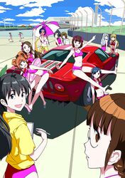 a-10_(artist) akizuki_ritsuko amami_haruka bad_id beach_umbrella bikini car ford ford_gt futami_ami futami_mami ganaha_hibiki hagiwara_yukiho hoodie hoshii_miki idolmaster innertube kikuchi_makoto kisaragi_chihaya left-hand_drive minase_iori miura_azusa motor_vehicle multiple_girls open_mouth shijou_takane smile swimsuit takatsuki_yayoi umbrella vehicle rating:Safe score:1 user:danbooru