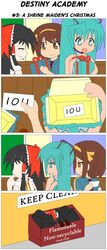 3girls 4koma black_hair blue_eyes blue_hair brown_eyes brown_hair christmas comic crossover dra2k4 garbage gift hair_ribbon hakurei_reimu hatsune_miku highres multiple_girls ribbon suzumiya_haruhi suzumiya_haruhi_no_yuuutsu touhou vocaloid rating:Safe score:0 user:danbooru