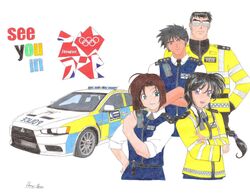2012_summer_olympics 2girls black_hair braid brown_hair car green_eyes high_visibility_jacket kirayamatofan_(danny) kobayakawa_miyuki london long_hair motor_vehicle multiple_girls nakajima_ken olympics police police_car police_uniform policewoman purple_eyes short_hair sunglasses toukairin_shouji tsujimoto_natsumi uniform union_jack united_kingdom vehicle violet_eyes walkie_talkie you're_under_arrest you're_under_arrest rating:Safe score:2 user:danbooru