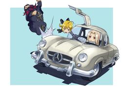 2girls :> ahoge aona bad_id blonde_hair car caster_(fate/zero) chibi crash crsh fate/stay_night fate/zero fate_(series) formal irisviel_von_einzbern left-hand_drive long_hair mercedes_benz_300sl motor_vehicle multiple_girls pant_suit parody saber suit vehicle white_hair rating:Safe score:0 user:danbooru