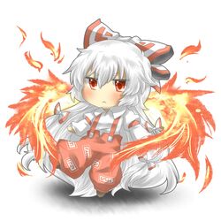 :< blush bow chibi fiery_wings fire flame fujiwara_no_mokou hair_bow hair_ribbon long_hair ofuda pants rebecca_(keinelove) rebecca_(naononakukoroni) red_eyes ribbon shirt silver_hair solo suspenders touhou rating:Safe score:1 user:danbooru