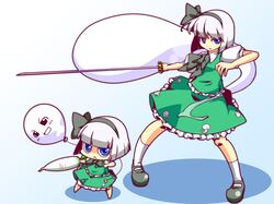 2girls balloon blue_eyes chibi daikon ghost hairband katana konpaku_youmu konpaku_youmu_(ghost) multiple_girls myon radish short_hair shuushokuna_ekus silver_hair sword touhou weapon yukkuri_shiteitte_ne rating:Safe score:1 user:Gelbooru
