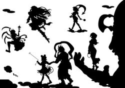 absurdres anchor bad_apple!! dowsing_rod flying high_heels highres hijiri_byakuren houjuu_nue jeweled_pagoda kitazinger kumoi_ichirin monochrome multiple_girls murasa_minamitsu nazrin shawl shoes silhouette toramaru_shou touhou ufo undefined_fantastic_object unzan walking wings rating:Safe score:1 user:danbooru
