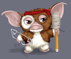 bandana bow_(weapon) brown_eyes gizmo gizmo_(gremlins) gremlins mogwai no_humans parody pencil rambo signature solo weapon rating:Safe score:0 user:danbooru