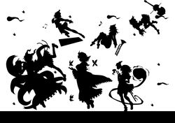 absurdres chen flying highres hitodama hug instrument katana kitazinger konpaku_youmu konpaku_youmu_(ghost) lunasa_prismriver lyrica_prismriver merlin_prismriver multiple_girls musical_note petals saigyouji_yuyuko short_hair silhouette sword touhou trumpet violin weapon yakumo_ran rating:Safe score:0 user:danbooru