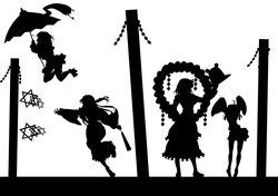 absurdres ahoge danmaku gohei hat hat_removed headwear_removed height_difference hexagram highres holding holding_hat holding_up karakasa_obake kitazinger kochiya_sanae monochrome moriya_suwako multiple_girls onbashira pyonta short_hair silhouette star star_of_david sweatdrop tatara_kogasa tiptoes touhou umbrella yasaka_kanako rating:Safe score:1 user:danbooru