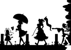 absurdres flower grave highres kazami_yuuka kitazinger medicine_melancholy monochrome multiple_girls onozuka_komachi phantasmagoria_of_flower_view rod_of_remorse scythe shikieiki_yamaxanadu silhouette su-san touhou youkai rating:Safe score:1 user:danbooru