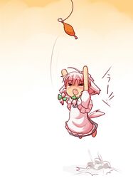 >_< akisame_ruu animal_ears apron arms_up blue_dress boned_meat braid chibi dog_ears dog_tail dress fang fishing_line food hair_ribbon inu_sakuya izayoi_sakuya jumping kemonomimi_mode maid maid_headdress meat open_mouth pink_hair ribbon solo tail tears teasing touhou twin_braids rating:Safe score:1 user:danbooru