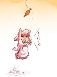 >_< akisame_ruu animal_ears apron arms_up blue_dress boned_meat braid chibi dog_ears dog_tail dress fang fishing_line food hair_ribbon inu_sakuya izayoi_sakuya jumping kemonomimi_mode maid meat open_mouth pink_hair ribbon solo tail tears touhou twin_braids rating:Safe score:1 user:danbooru