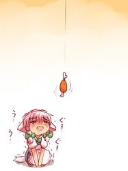 akisame_ruu animal_ears apron blue_dress boned_meat braid chibi dog_ears dog_tail dress drooling fang fishing_line food hair_ribbon inu_sakuya izayoi_sakuya kemonomimi_mode maid meat open_mouth pink_hair red_eyes ribbon sitting solo tail tears touhou trembling twin_braids v_arms rating:Safe score:1 user:danbooru