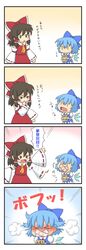 ! /\/\/\ 2girls 4koma chibi cirno comic detached_sleeves fever hair_ribbon hakurei_reimu kakushiaji left-to-right_manga multiple_girls ofuda ribbon sneeze sneezing touhou translated translation_request waving wings |_| rating:Safe score:0 user:Gelbooru