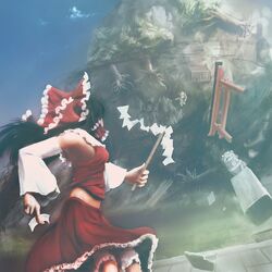 aduman black_hair bow detached_sleeves hair_bow hakurei_reimu ibuki_suika short_hair touhou rating:Safe score:0 user:Gelbooru