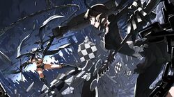 black_rock_shooter black_rock_shooter_(character) blue_eyes boots bra dead_master green_eyes horns justminor katana kuroi_mato long_hair scythe shorts sword takanashi_yomi underwear weapon rating:Safe score:3 user:konachan
