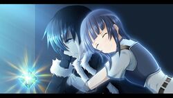 1girl armor black_hair blue_eyes blue_hair blush closed_eyes coat crystal elbow_gloves eyes_closed facepalm fur_trim gloves highres hug hug_from_behind kazuna kirito letterboxed sachi_(sao) short_hair smile sword_art_online tears rating:Safe score:0 user:danbooru