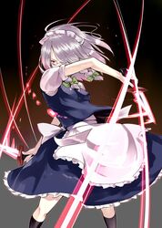 bad_id braid dress hair_ribbon highres izayoi_sakuya knife maid maid_headdress miya9 red_eyes ribbon silver_hair slashing solo touhou twin_braids rating:Safe score:4 user:Gelbooru