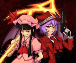 alucard_(hellsing) bat_wings black_hair cosplay costume_switch cross crossover genderswap girlycard gloves gun handgun hat hellsing hellsing:_the_dawn long_hair overcoat purple_hair red_eyes remilia_scarlet short_hair spear_the_gungnir touhou vampire weapon wings rating:Safe score:3 user:Danbooru