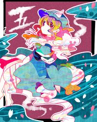  1girl hat japanese_clothes petals pink_eyes pink_hair ringetsumon saigyouji_yuyuko touhou triangular_headpiece wavy_hair wide_sleeves 