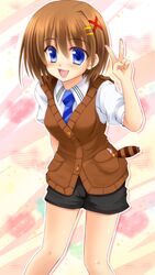  1girl :d blue_eyes blush brown_hair hair_ornament highres lask lyrical_nanoha mahou_shoujo_lyrical_nanoha_innocent necktie open_mouth short_hair short_sleeves shorts smile solo vest yagami_hayate 