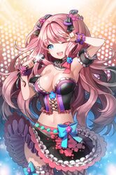  1girl aile_(crossroads) blue_eyes breasts flower hair_ornament large_breasts long_hair microphone open_mouth original pink_hair skirt solo wink 