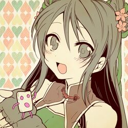  1girl black_hair bust fingerless_gloves flower gloves grey_eyes guan_yinping hair_flower hair_ornament heart heart_background long_hair lowres open_mouth shin_sangoku_musou shin_sangoku_musou_7 smile solo suzukimandesu 
