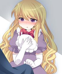  1girl blonde_hair blush dress elbow_gloves gloves hammer_(sunset_beach) hat hat_removed headwear_removed long_hair open_mouth purple_dress ribbon_choker solo_focus touhou very_long_hair violet_eyes yakumo_yukari 