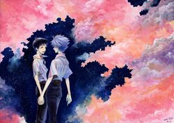  2boys brown_hair cherry_blossoms holding_hands ikari_shinji multiple_boys nagisa_kaworu neon_genesis_evangelion night night_sky open_mouth short_hair sky smile star_(sky) white_hair 