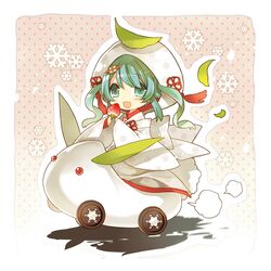  1girl chibi food fruit green_eyes green_hair hair_ornament hatsune_miku japanese_clothes kimono leaf open_mouth riding snow_bunny snowflakes solo starpri strawberry uchikake vocaloid yuki_miku 