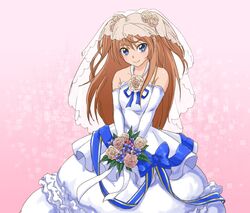  1girl arm_warmers bare_shoulders blue_eyes brown_hair detached_sleeves dress flower gloves gown hair_ornament happy houjou_hibiki long_hair looking_at_viewer precure ribbon smile solo suite_precure uyoshi wedding_dress 